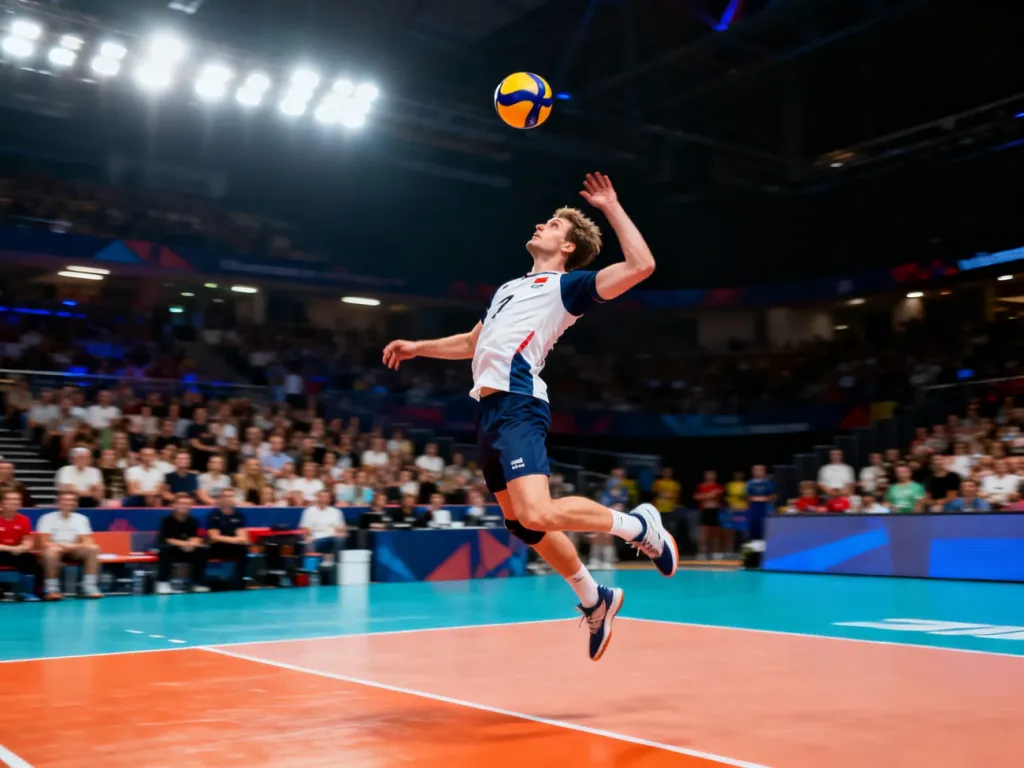 Siatkarz w locie wykonujący silny atak nad siatką podczas profesjonalnego meczu w hali sportowej.