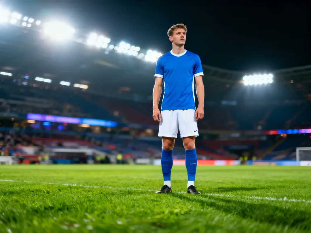 Skupiony piłkarz w stroju Górnika Zabrze na murawie stadionu podczas wieczornego meczu pod sztucznym oświetleniem.