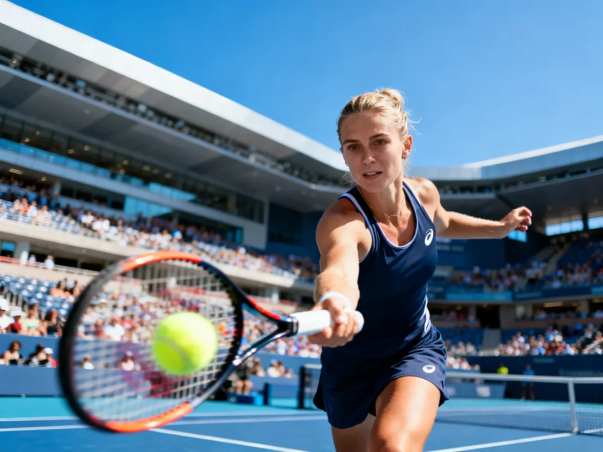 Profesjonalna tenisistka wykonująca dynamiczne uderzenie na niebieskim korcie podczas turnieju Australian Open.