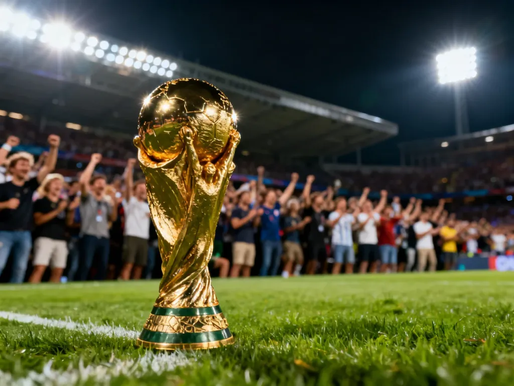 Złote trofeum Klubowych Mistrzostw Świata FIFA na tle oświetlonego stadionu wypełnionego kibicami.