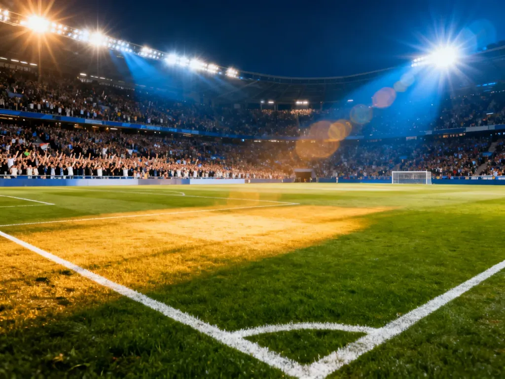 Oświetlona murawa stadionu piłkarskiego podczas wieczornego meczu z pełnymi trybunami kibiców w tle.