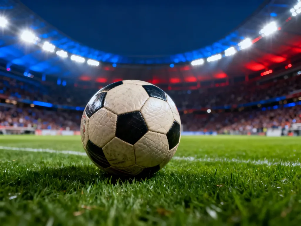 Skórzana piłka nożna na murawie stadionu w blasku nocnych świateł, podkreślająca atmosferę wielkiego meczu.