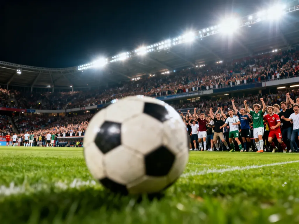 Piłka na murawie stadionu podczas meczu piłkarskiego przy pełnych trybunach i sztucznym oświetleniu.