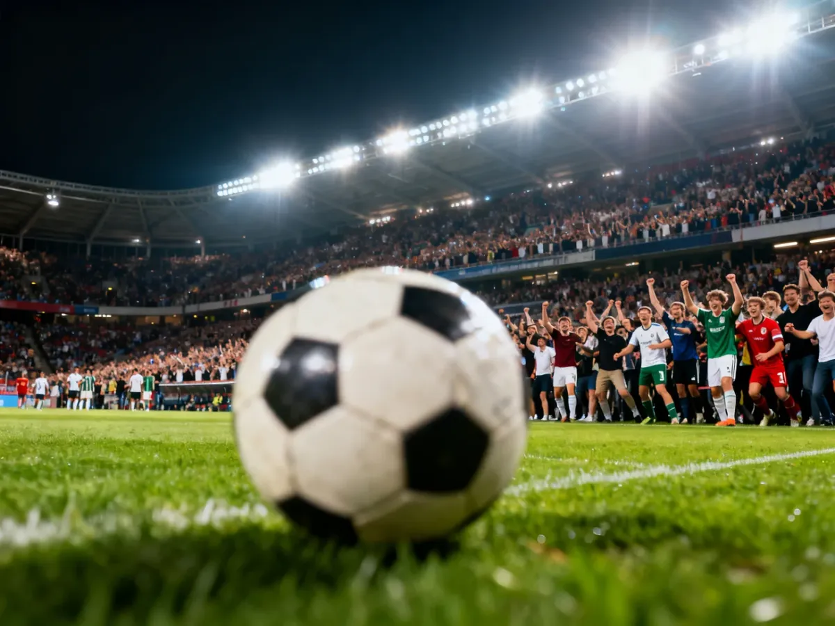 Piłka na murawie stadionu podczas meczu piłkarskiego przy pełnych trybunach i sztucznym oświetleniu.