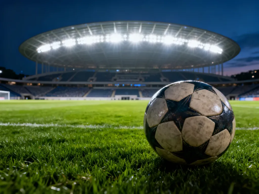 Profesjonalna piłka na murawie stadionu w świetle jupiterów przed meczem Manchester City – Real Madryt.