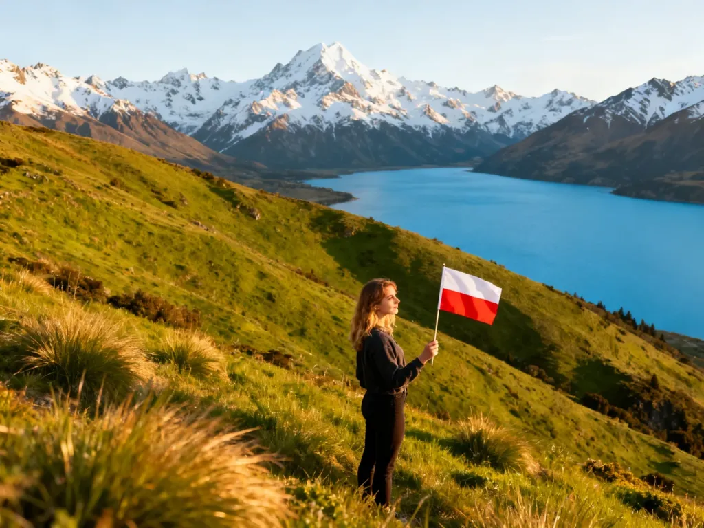 Młoda kobieta z polską flagą na tle nowozelandzkich Alp Południowych i jeziora, symbolizująca więzi między oboma krajami.