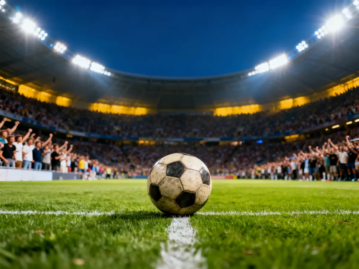 Oświetlona murawa stadionu piłkarskiego z piłką na środku boiska przed meczem FC Barcelona – Valencia.