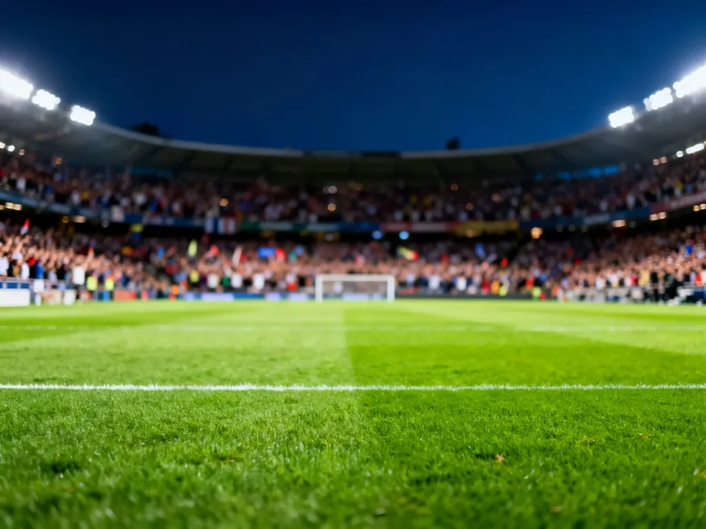 Oświetlona murawa stadionu piłkarskiego wieczorową porą z rozmytymi trybunami pełnymi kibiców.