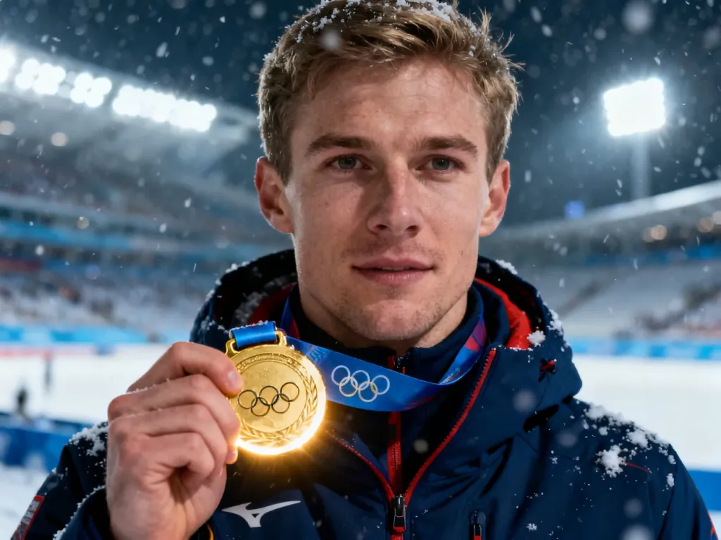Sportowiec w zimowej kurtce trzyma złoty medal olimpijski na tle ośnieżonego stadionu podczas zawodów.