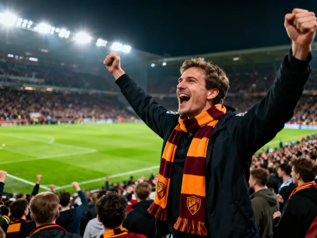 Kibic Legii Warszawa w szaliku świętujący na wypełnionym stadionie podczas meczu przy sztucznym oświetleniu.