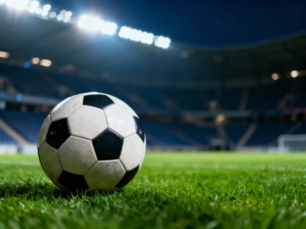 Profesjonalna piłka nożna leżąca na murawie stadionu w oczekiwaniu na mecz Deportivo Alavés z FC Barceloną.