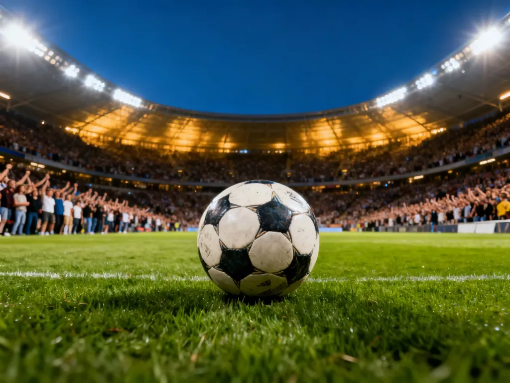 Piłka do gry na murawie nowoczesnego stadionu piłkarskiego wypełnionego kibicami podczas wieczornego meczu.