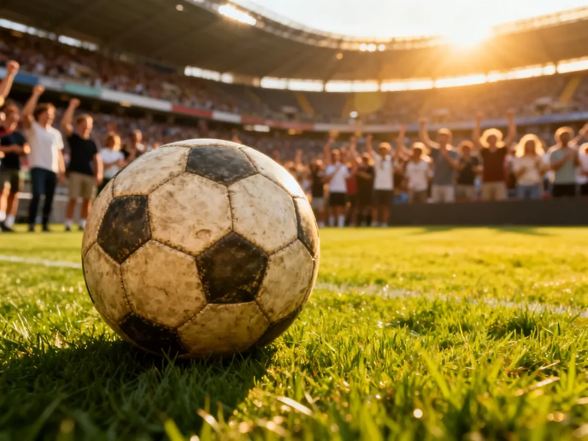 Zużyta skórzana piłka do futbolu na murawie stadionu w otoczeniu wiwatującego tłumu kibiców.