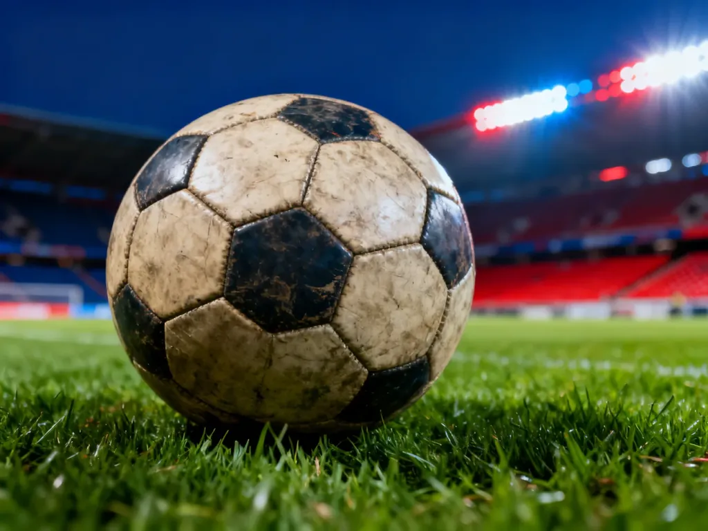 Zużyta piłka nożna na murawie stadionu w świetle reflektorów, nawiązująca do barw FC Barcelony.