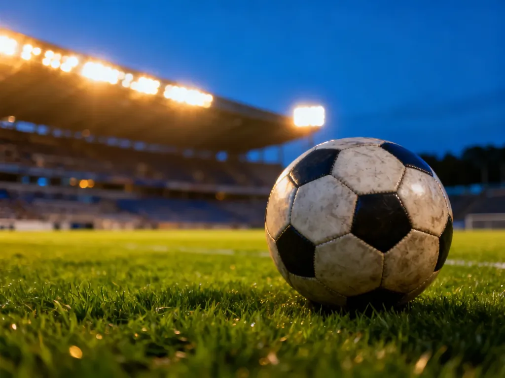 Profesjonalna piłka nożna na murawie stadionu w świetle jupiterów, zapowiadająca emocjonujące starcie El Clásico.