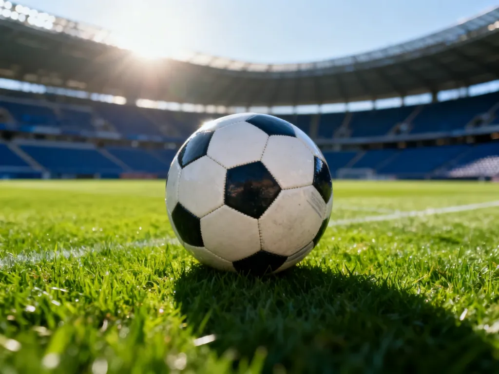 Profesjonalna piłka nożna leżąca na murawie stadionu przed meczem Sevilla – FC Barcelona.