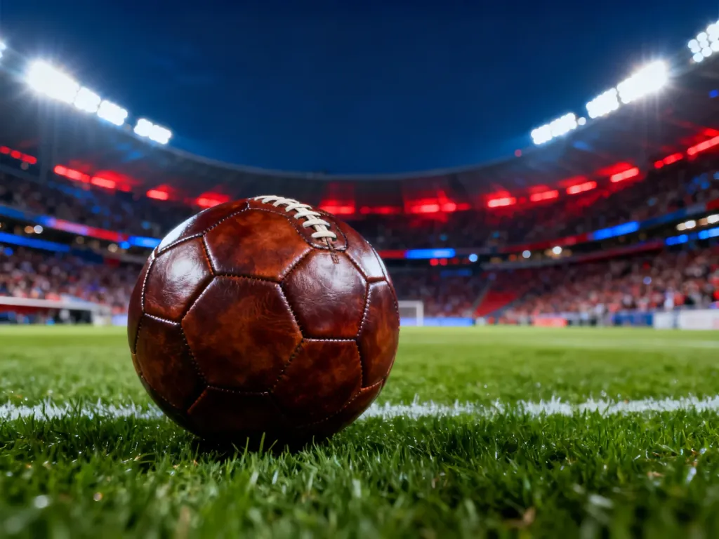 Skórzana piłka na murawie stadionu w blasku jupiterów przed meczem derbowym FC Barcelony z Espanyolem.