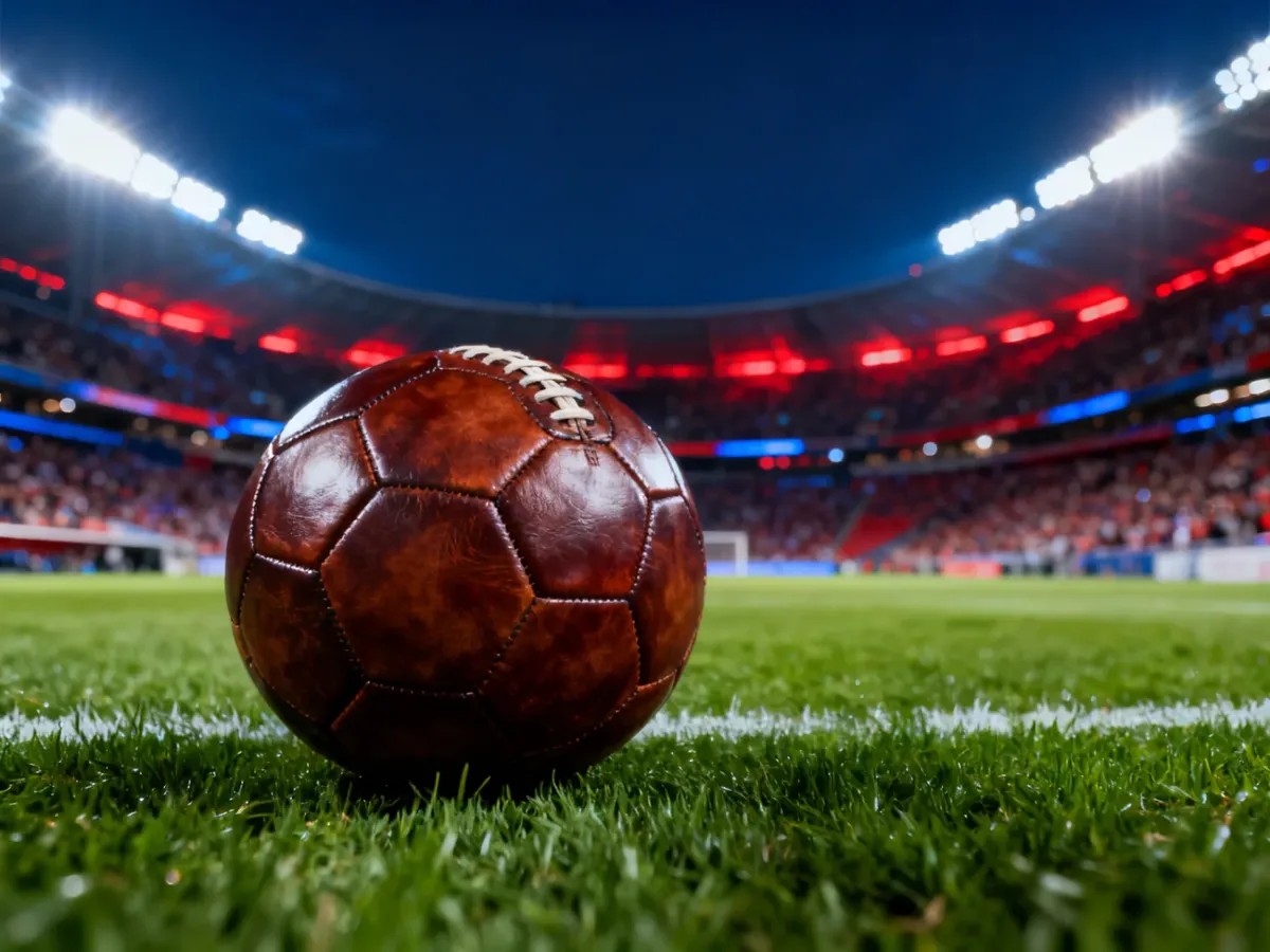 Skórzana piłka na murawie stadionu w blasku jupiterów przed meczem derbowym FC Barcelony z Espanyolem.