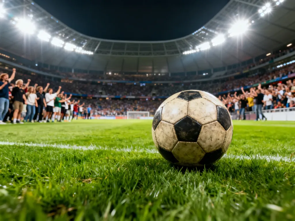 Piłka na murawie nowoczesnego stadionu w świetle reflektorów przed meczem Polska – Holandia.