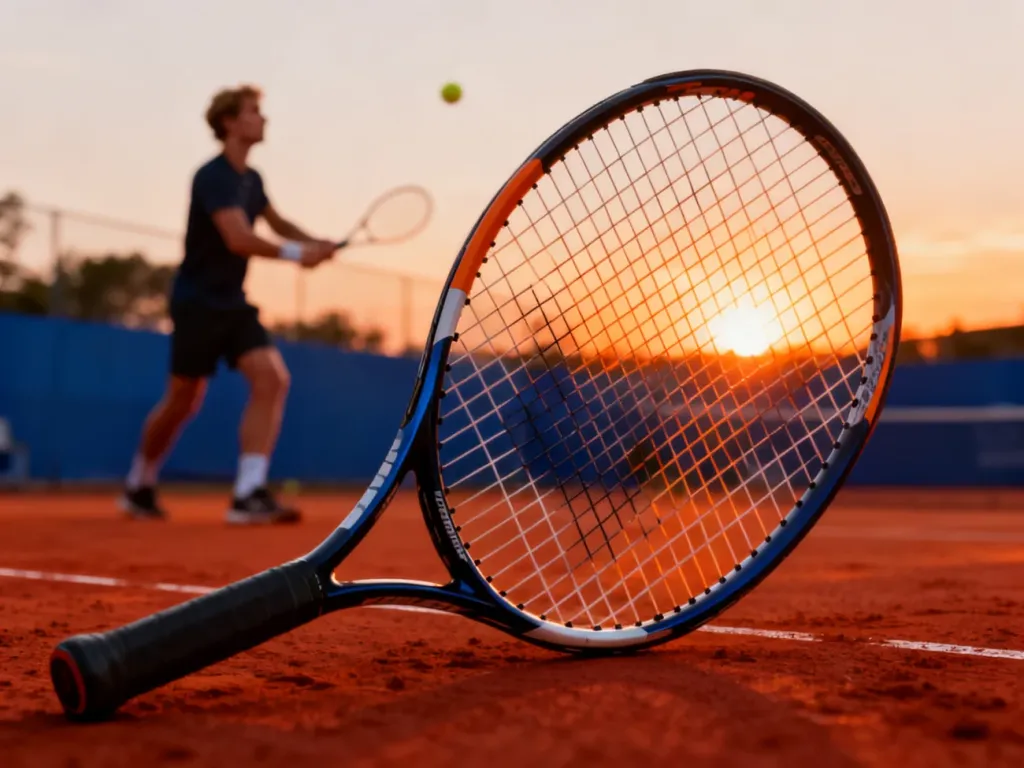 Rakieta tenisowa leżąca na mączce ceglanej kortu Roland Garros w świetle zachodzącego słońca.