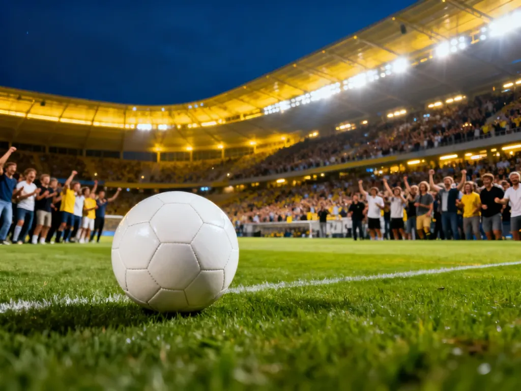 Piłka na murawie oświetlonego stadionu piłkarskiego podczas wieczornego meczu Ligi Konferencji Europy.