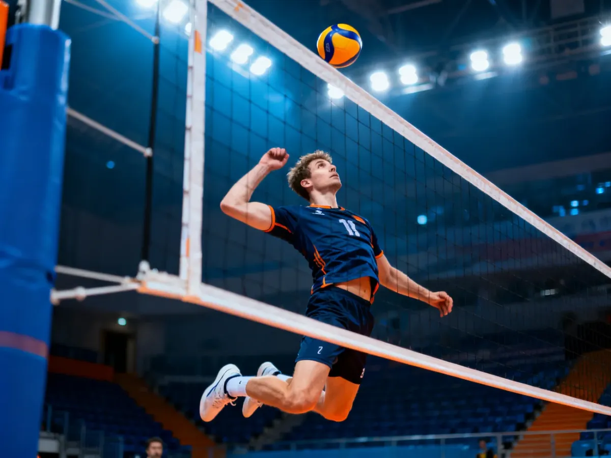 Siatkarz w locie wykonujący potężny atak nad siatką podczas meczu w hali sportowej.