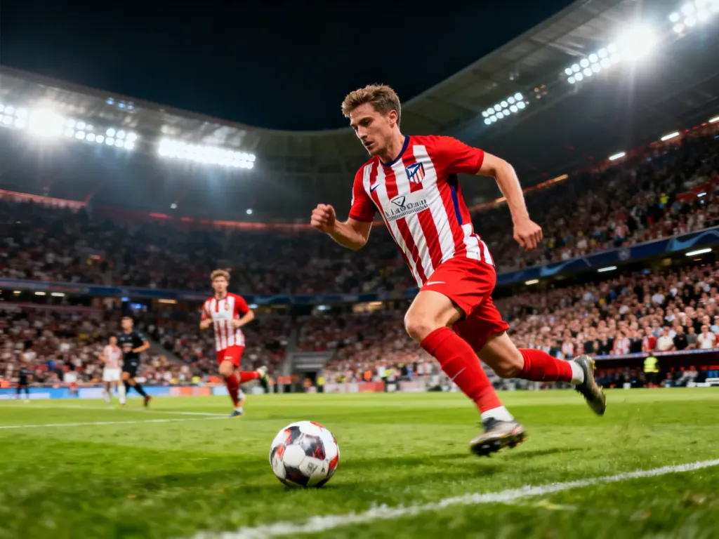 Piłkarz Atlético Madryt prowadzi piłkę podczas nocnego meczu na wypełnionym stadionie.
