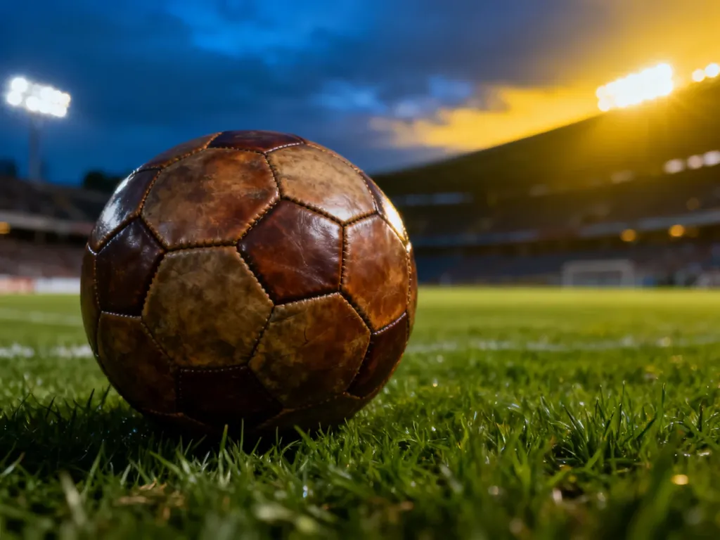 Skórzana piłka do gry w piłkę nożną na murawie stadionu w świetle jupiterów o zmierzchu.
