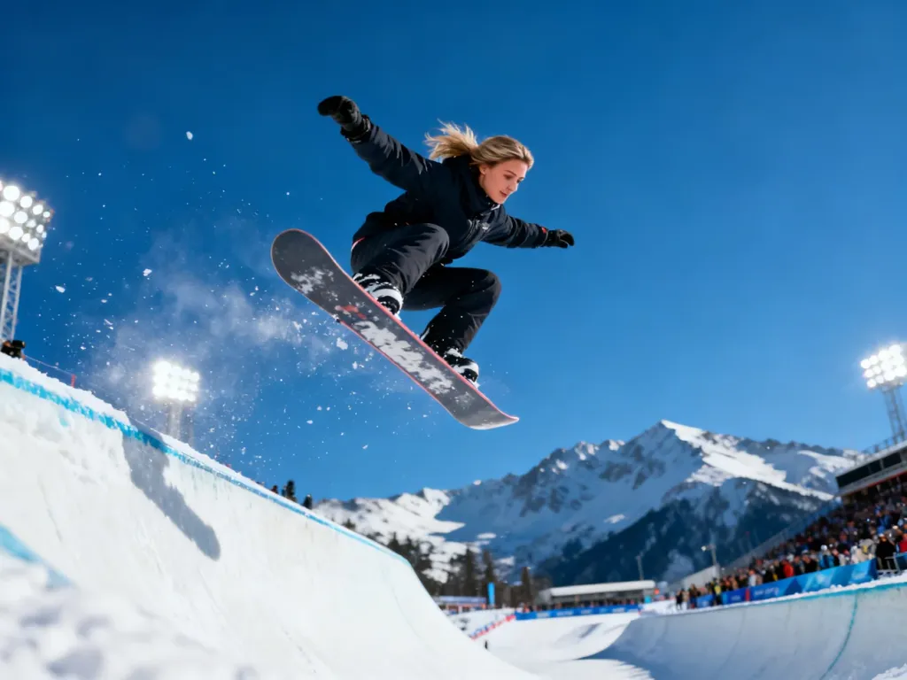 Snowboardzistka wykonująca efektowny skok w halfpipe’ie na tle ośnieżonych gór podczas zimowych igrzysk olimpijskich.