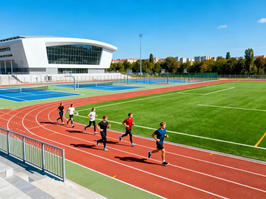 Nowoczesny kompleks sportowy w Białymstoku z boiskiem, bieżnią i ludźmi uprawiającymi sport, słoneczny dzień, no text on the picture