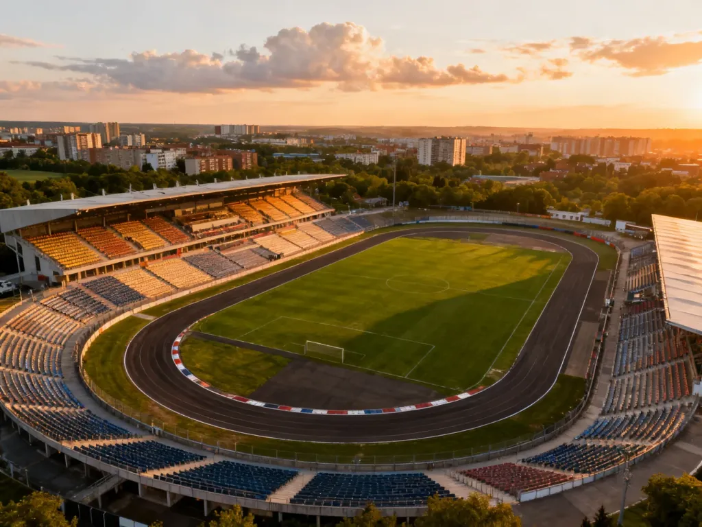 Kompleks stadionów piłkarskiego i żużlowego w Gorzowie Wielkopolskim o zachodzie słońca, otoczony zabudową i zielenią, no text on the picture