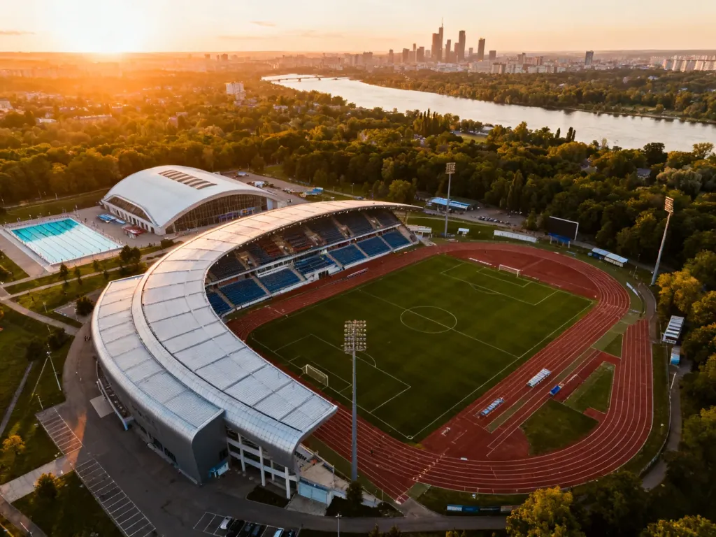 Nowoczesny szczeciński kompleks sportowy z stadionem, halą i basenem nad Odrą o zachodzie słońca, no text on the picture