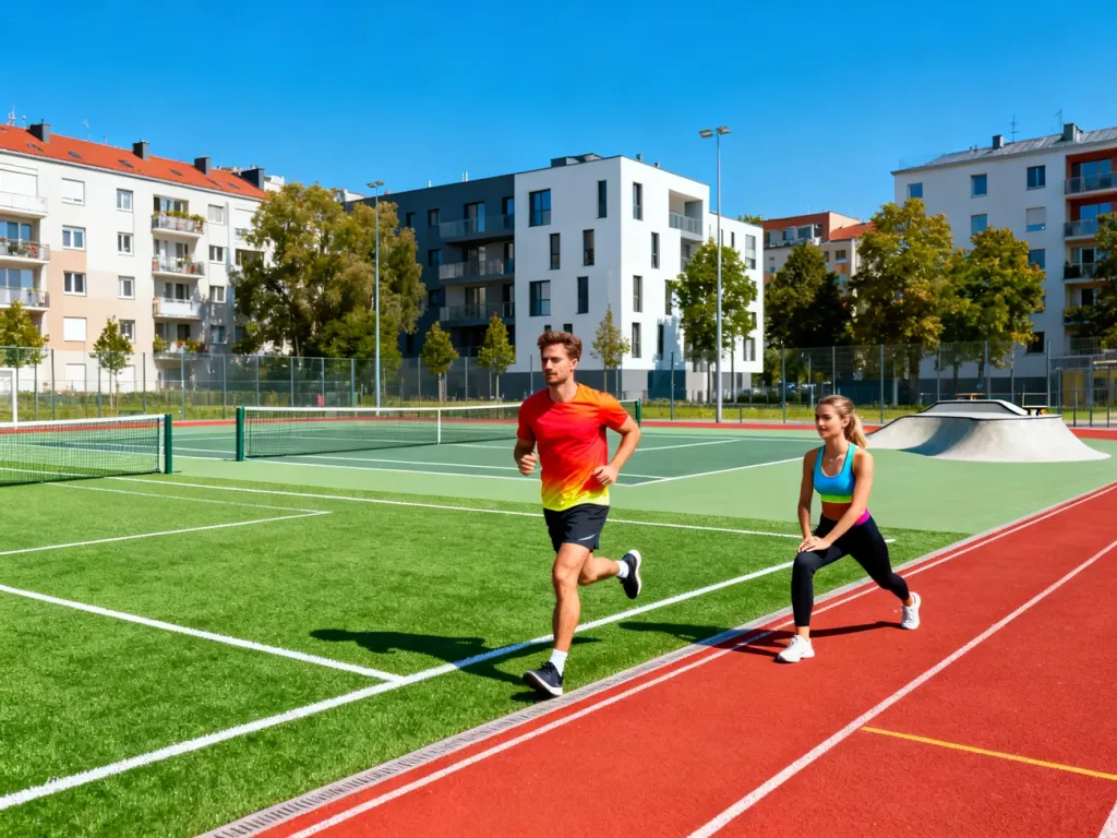 Nowoczesny kompleks sportowy w Opolu z boiskiem, bieżnią, kortami i ludźmi ćwiczącymi na świeżym powietrzu, no text on the picture